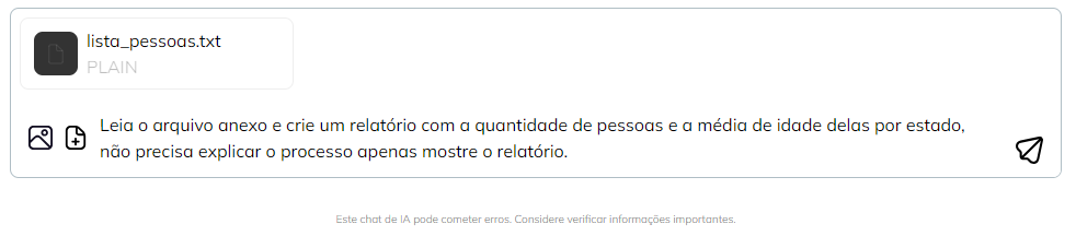 Leia o arquivo anexo e crie um relatório com a quantidade de pessoas e a média de idade delas por estado, não precisa explicar o processo apenas mostre o relatório.